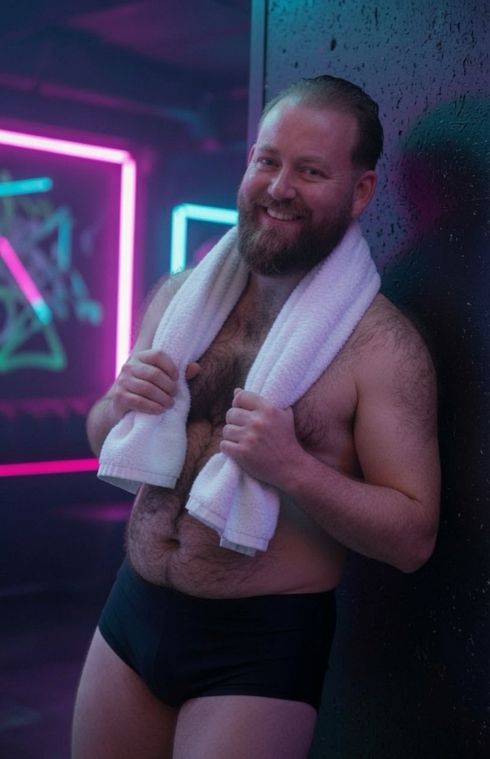 Eggy (Aaron McKee), Belfast's filthiest male dancer, smiling under neon lights